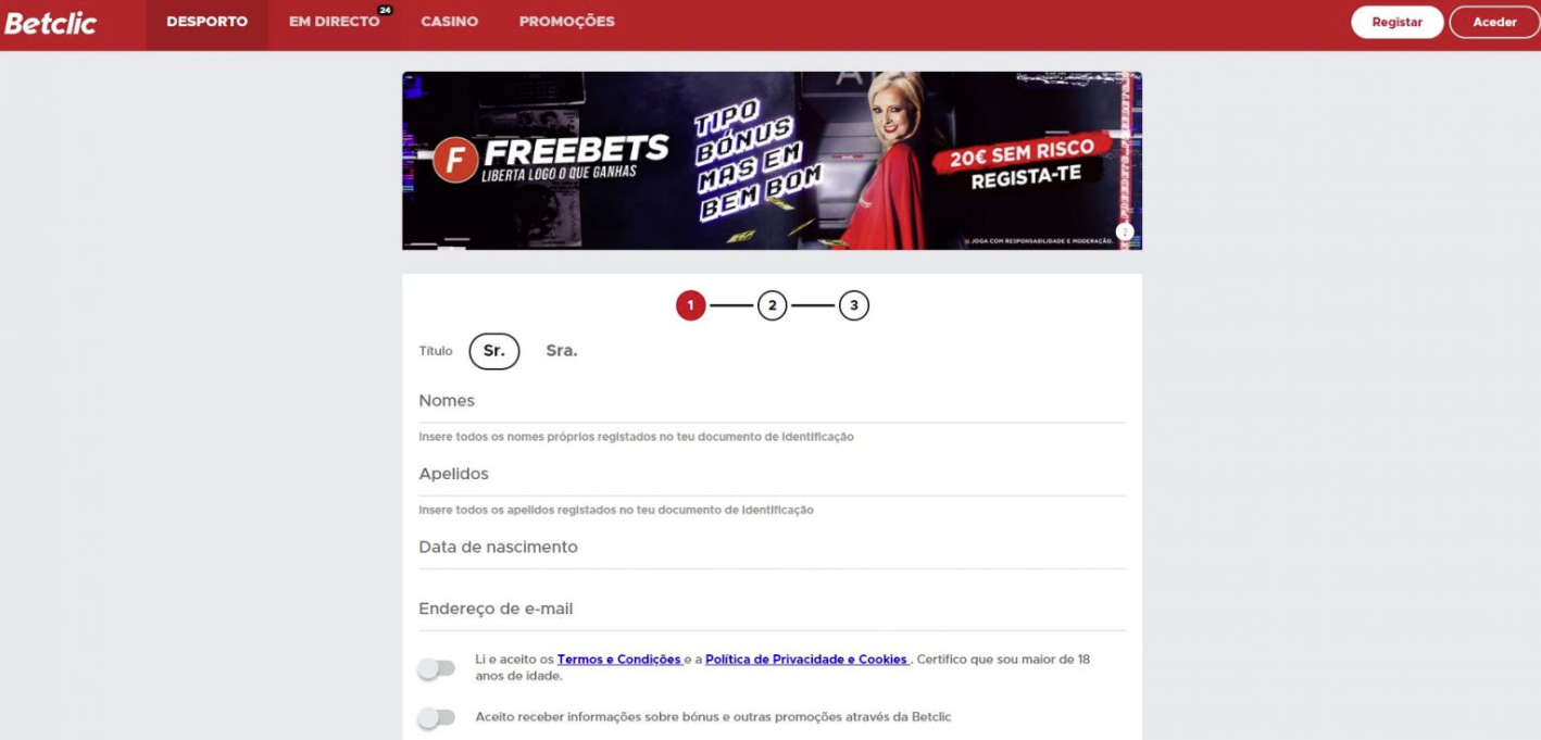 Ecrã de registo no Betclic Casino com campos claros
